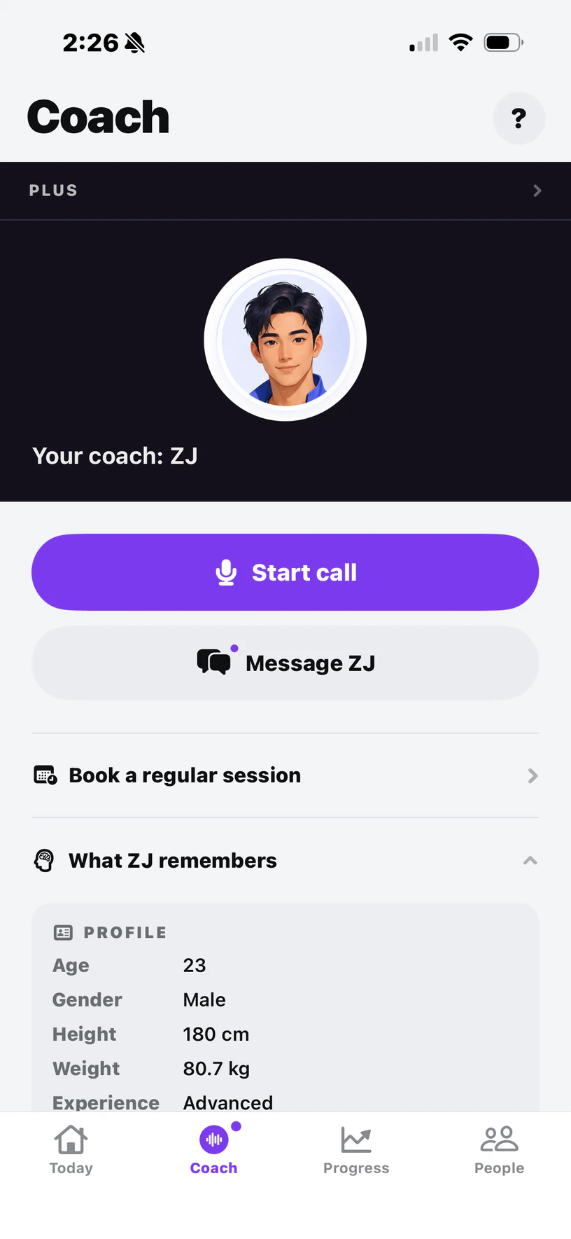 The ZYM coach screen showing "What ZJ remembers" — goals, experience, and stats