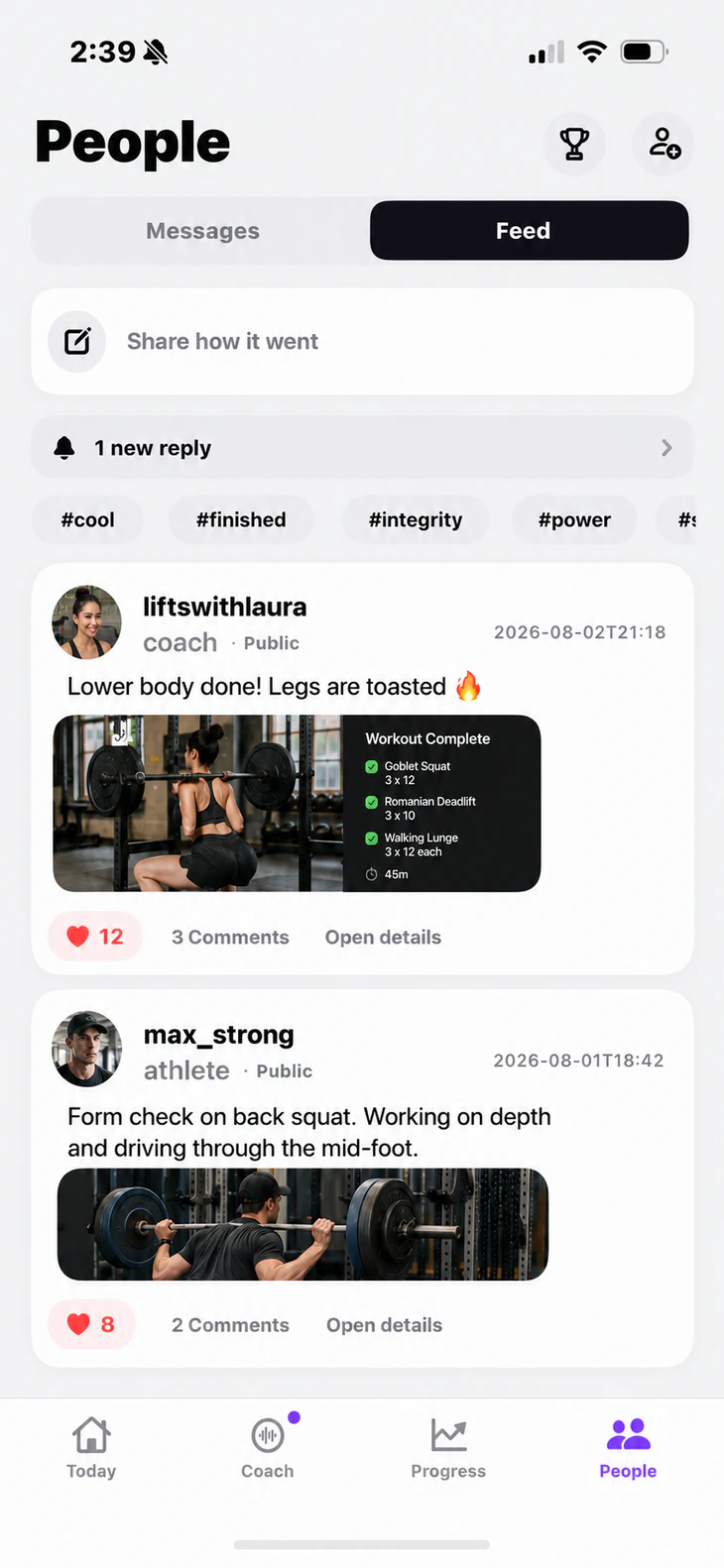 The ZYM community feed — friends sharing completed workouts and form checks