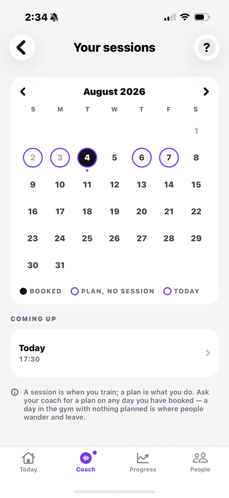 The ZYM sessions calendar — booked training days across the month