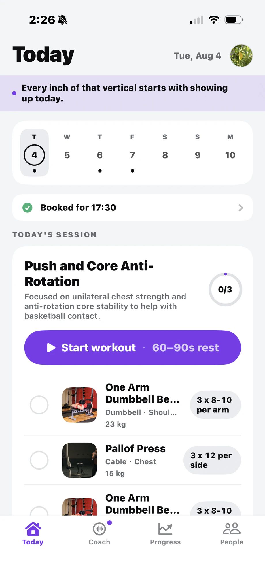 The ZYM Today screen — the day's session with exercises, sets, reps, and weights