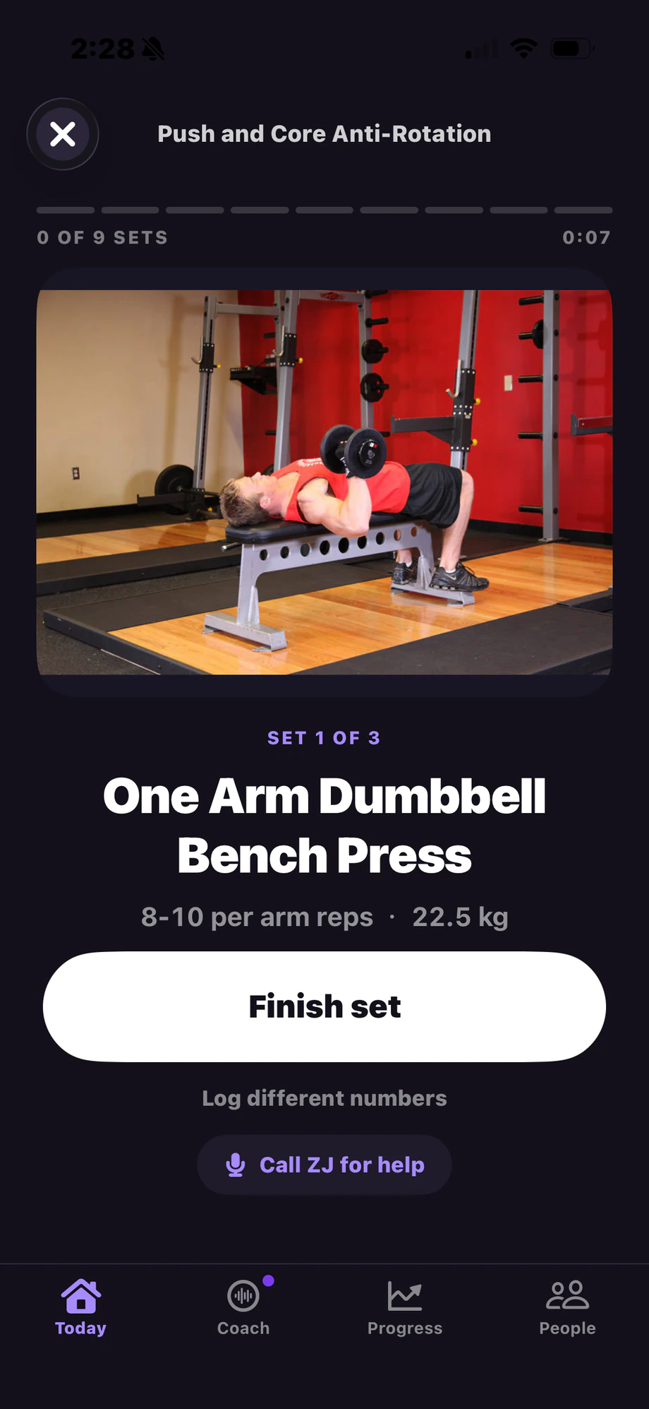 ZYM workout mode — one exercise at a time with a one-tap finish-set button
